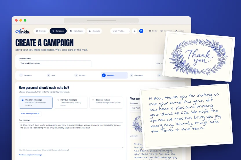inkly's campaign wizard at the Messages step, with sample data, and the card it previews: a Thank you front, and the inside in handwriting