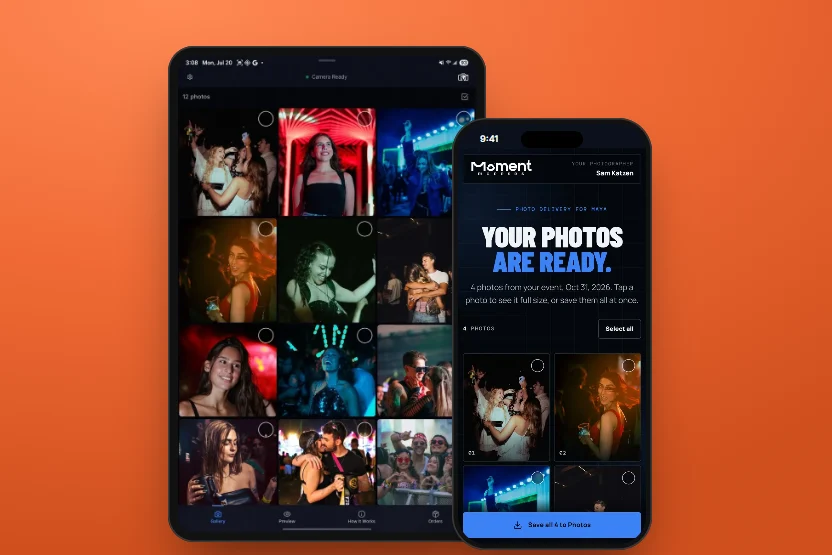 The photographer's gallery on a tablet, and a guest's photo delivery page on a phone