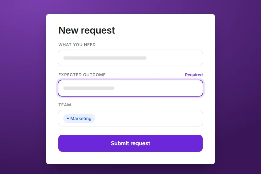 Illustration of the reporting request form: what you need, the expected outcome, which is required, and the team, then Submit request
