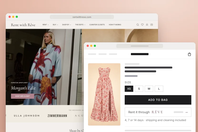 Illustration of a fashion brand's product page for a red floral maxi dress, with the Rent it through Rêve button under Add to bag, rentals of 4, 7 or 14 days, in front of rentwithreve.com in a browser